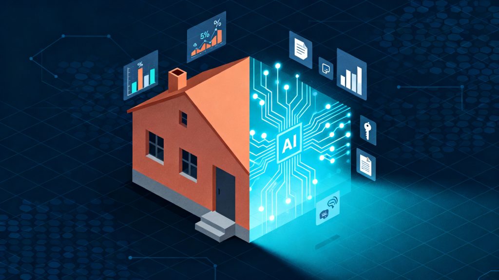 A sleek modern composition showing a minimalist house silhouette split vertically down the middle, the left half rendered as traditional solid architecture in warm terracotta and gray tones, the right half dissolving into glowing blue circuit board patterns and neural network nodes with connecting lines, floating geometric data visualization elements including bar charts and percentage indicators hovering around the structure, a subtle digital grid background with hexagonal patterns, clean vector style with sharp edges and smooth gradients, professional color palette of deep navy blue, electric cyan, warm orange, and crisp white, isometric perspective view creating depth, small floating icons representing keys, documents, and communication symbols integrated into the neural network side, high contrast lighting with the AI side emanating a soft technological glow, ultra-clean composition with ample negative space, corporate yet approachable aesthetic, symbolizing the transformation and integration of artificial intelligence into traditional real estate processes, photorealistic rendering with flat design elements, 16:9 aspect ratio optimized for article header.