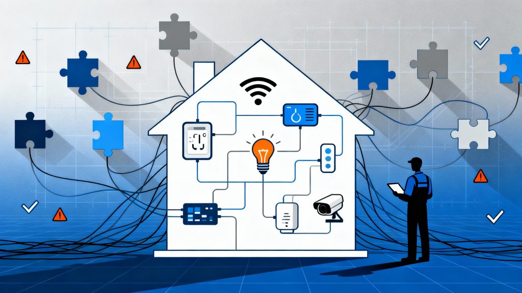 A sleek professional illustration showing a minimalist house outline in the center filled with interconnected smart home technology icons including wifi symbols, thermostats, light bulbs, security cameras, and sensors, surrounded by floating geometric puzzle pieces in various shades of blue and gray that don't quite connect, tangled thin lines representing complex wiring and connectivity issues weaving through the composition, small warning triangles and checkmark symbols scattered around the edges suggesting regulatory challenges, a simplified silhouette of a professional installer with a tablet standing to the side observing the complex system, clean modern design with a gradient background transitioning from light gray to deep blue, flat design aesthetic with subtle shadows for depth, technical blueprint-style grid pattern faintly visible in the background, color palette of corporate blues, slate grays, and accent orange for challenge elements, organized chaos suggesting both complexity and professional solutions, ultra-detailed vector-style rendering with sharp clean lines and modern typography-free composition.